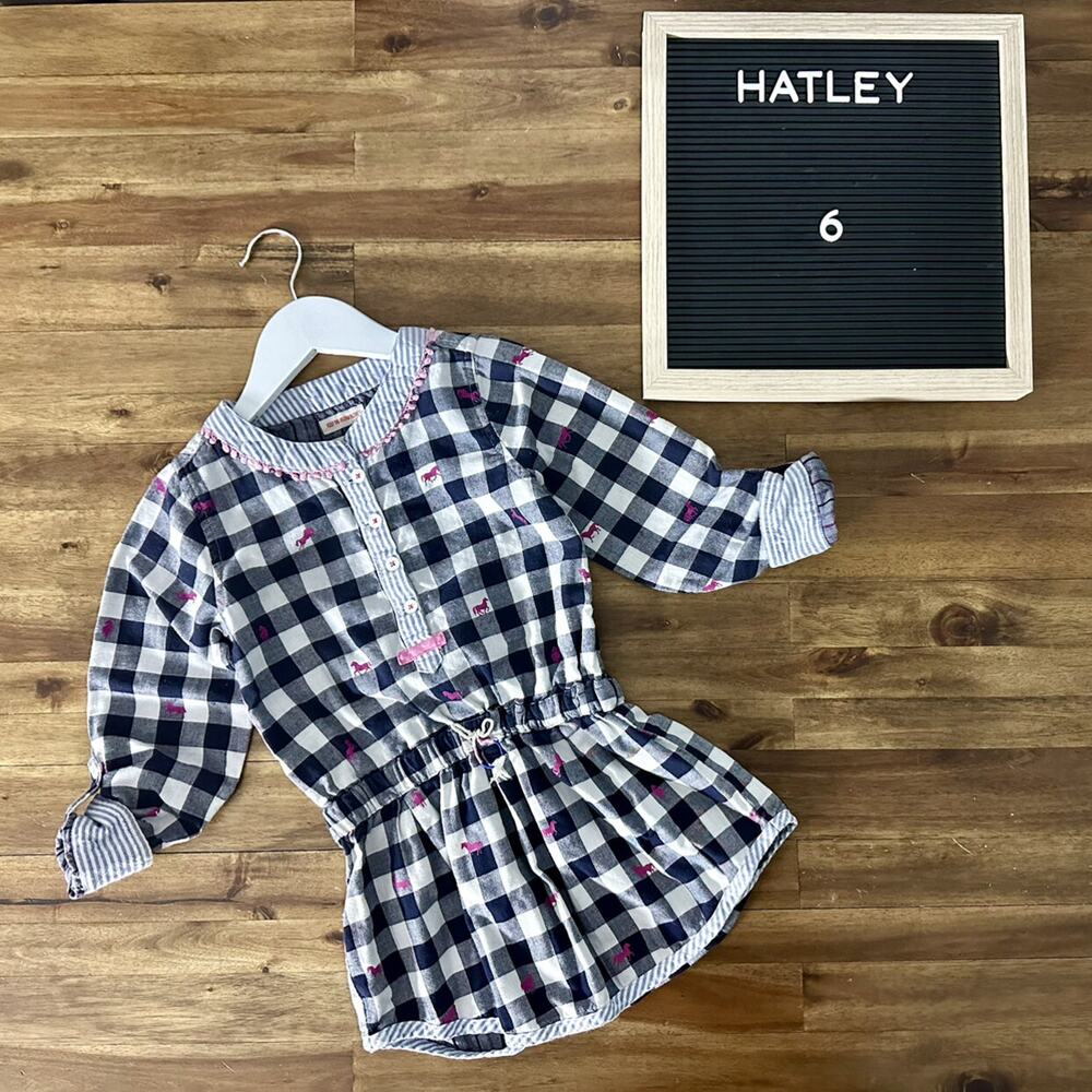 Hatley Navy Check Pink Embroidered Horses Long Sleeve Tunic Top Cotton 6